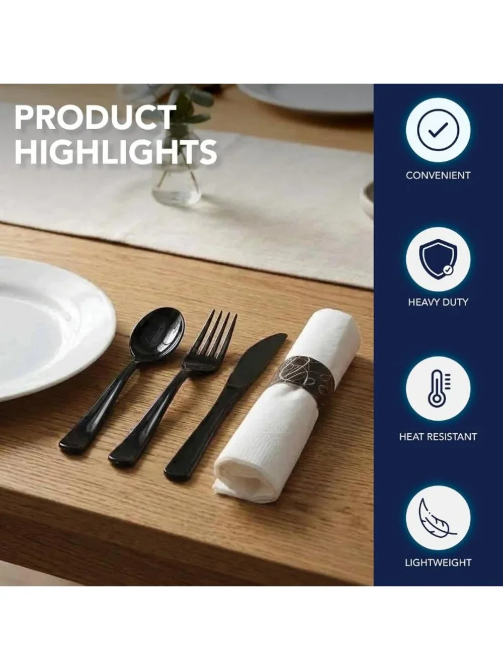 Heavy Duty Plastic Cutlery Set - 100 Disposable Forks, Knives, Spoons & Napkins